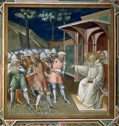 Święty odkrywa oszustwo Totili, króla Ostrogotów, fragment z Żywotu św. Benedykta (ok. 480-ok. 550), w zakrystii, 1387
